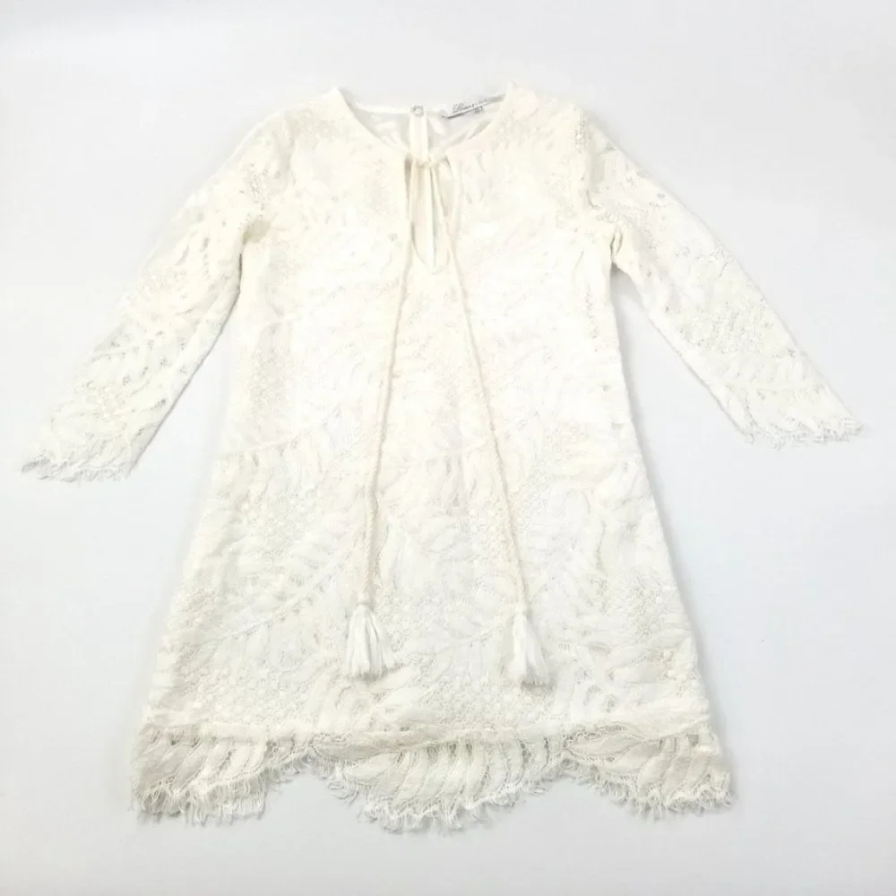 LOVERS + FRIENDS White Lace Tassel Tie Long Sleeve Boho Mini Dress Minimal 9XS